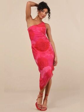 NWT Lulus One-Shoulder Pink Floral Asymmetrical Midi Dress